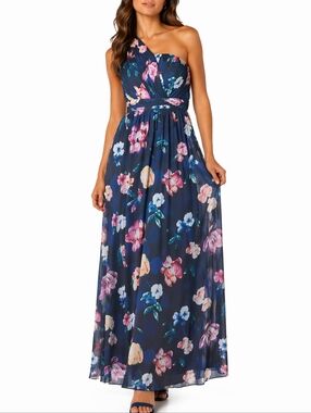NWT Smash! Poinsetia Navy Blue Multi-Color Floral Print One Shoulder Maxi Dress